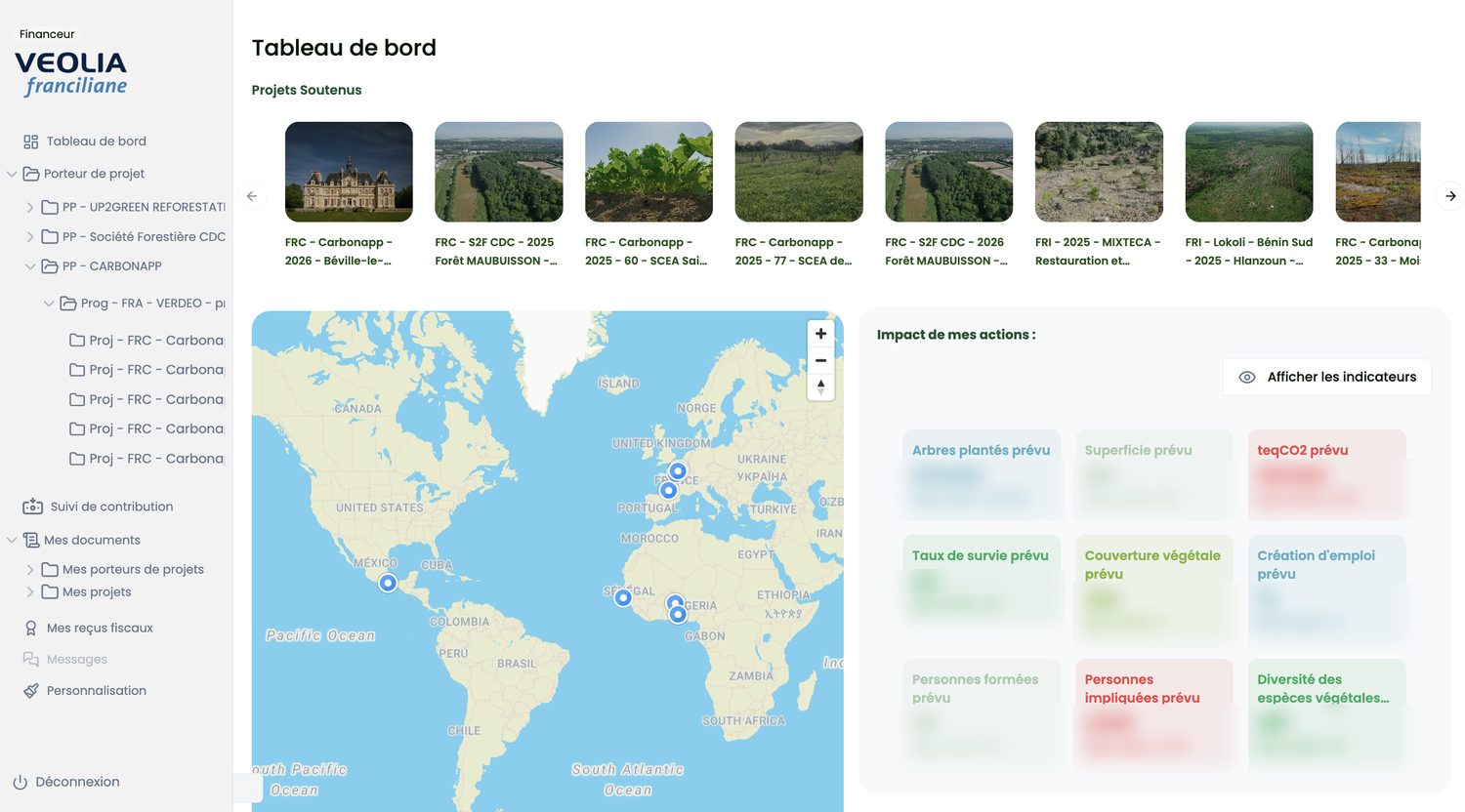 Tableau de bord du financeur avec la carte des projets et les indicateurs